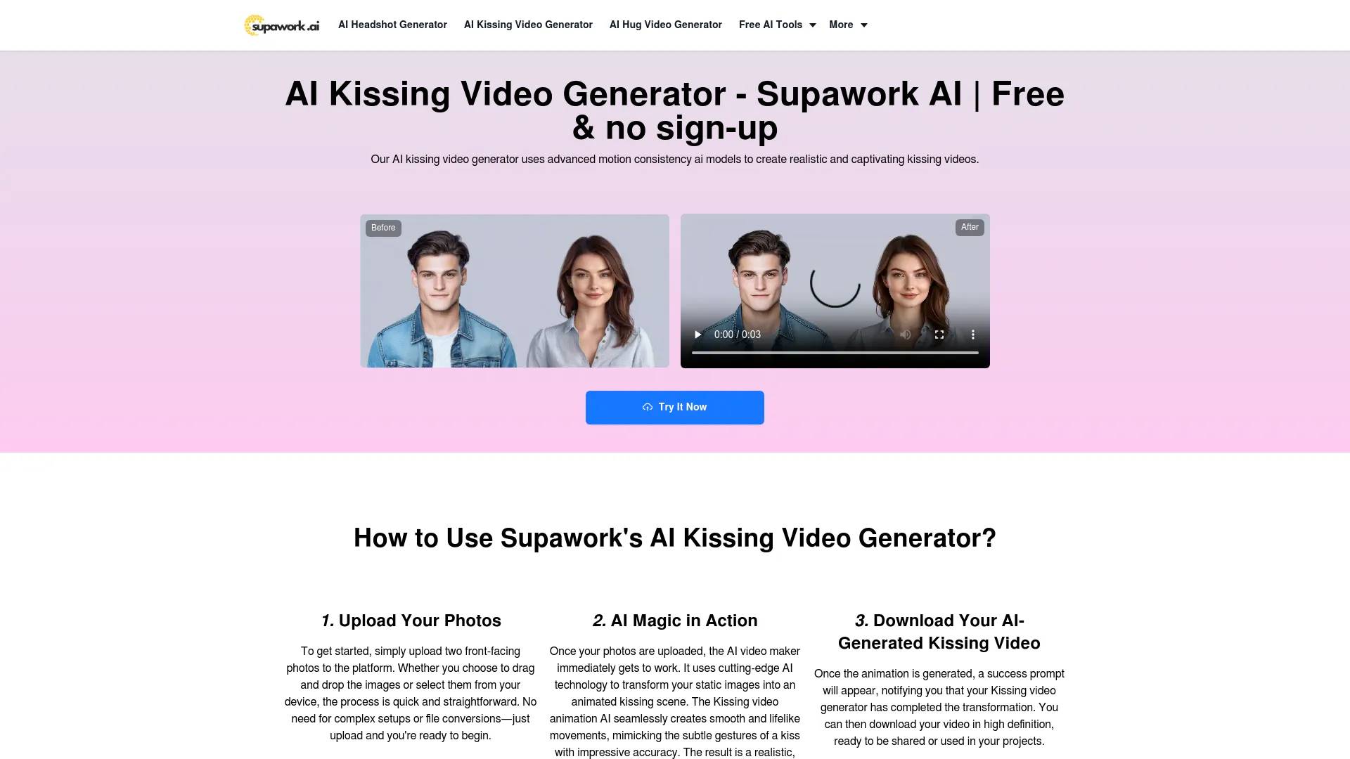 AI Kissing Video Generator - Supawork AI | Free & no sign-up screenshot